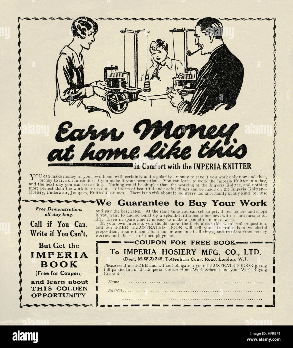 A 1920s advert for the Imperia home knitting machine. The advert appeared in ‘Modern Woman’ magazine published in the UK in 1928 Stock Photo