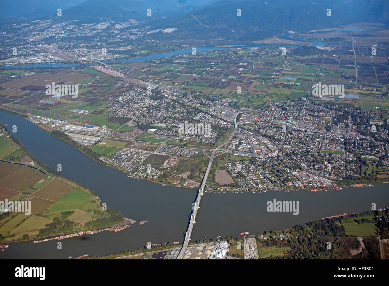 Aerial view of the Golden Ears Bridge crossing the Fraser River in Vancouver BC Canada. Stock Photo