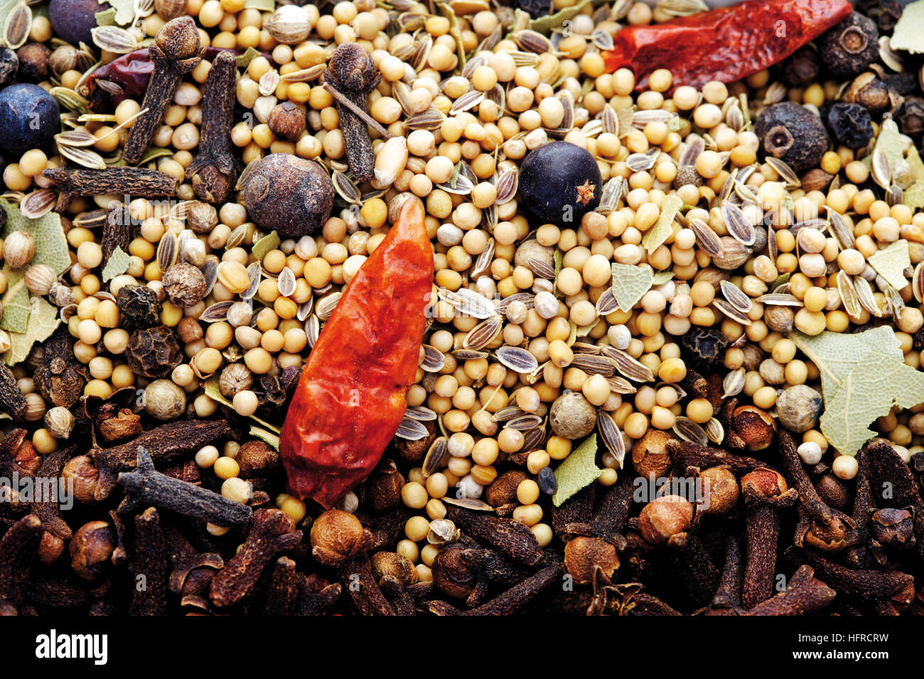 Pickling spice mustard seeds, dried chili peppers, juniper berries