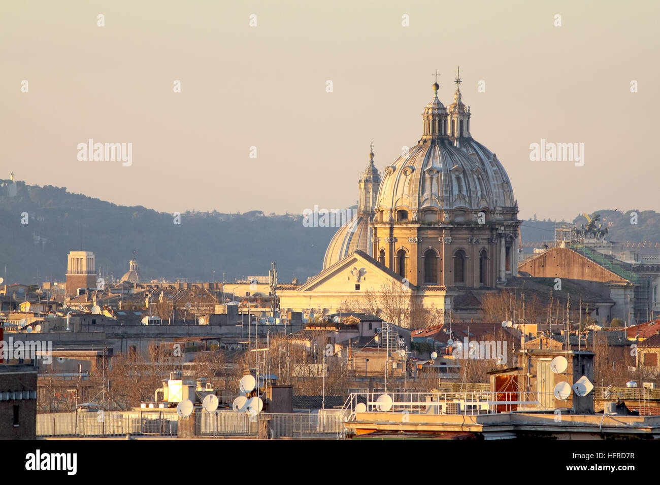 View of Rome roofs: San Carlo ai Catinari Dome, Sant'Andrea della Valle Dome, Sant'Agnese in Agone and Vittoriano. Stock Photo