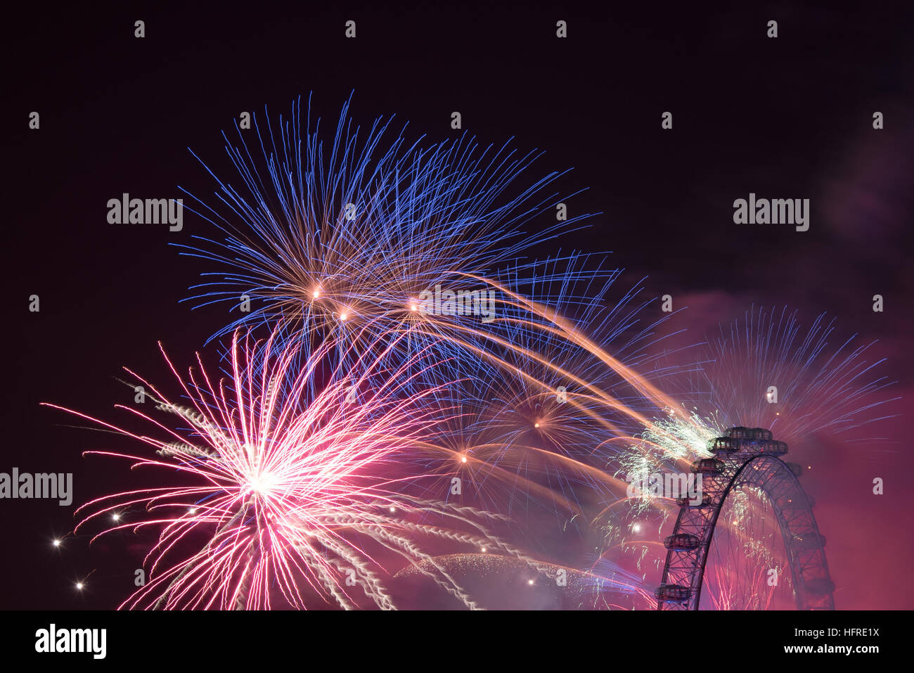 Extraterrestrial London Eye South Bank Fireworks Display NYE 2016 New Year in London Stock Photo