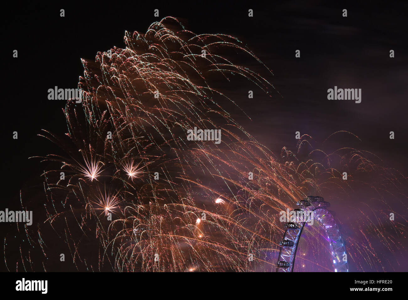 Fireflies London Eye South Bank Fireworks Display NYE 2016 New Year in London Stock Photo