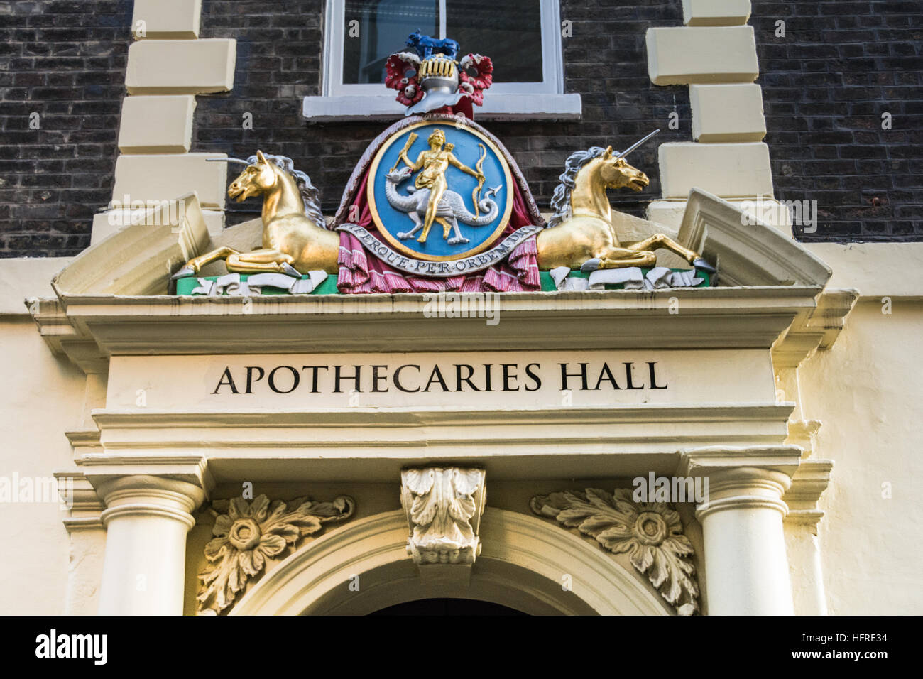 Coat of arms outside Apothecaries Hall, home to The Worshipful Society of Apothecaries, Black Friars Lane, London, EC4, England, U.K. Stock Photo