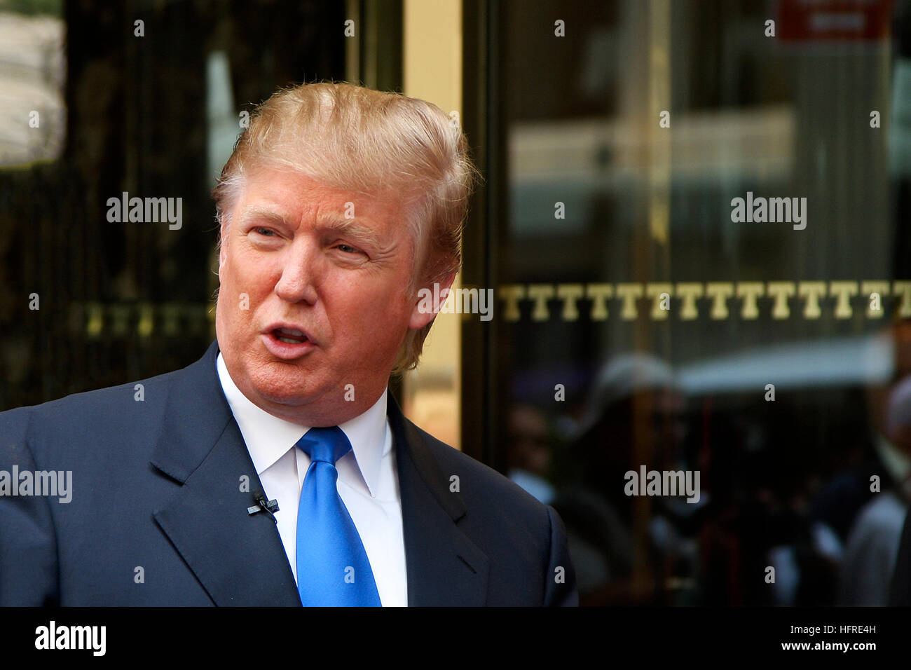 Portrait of President Donald Trump recording on 5th Avenue in front of Trump Tower in New York City. Stock Photo