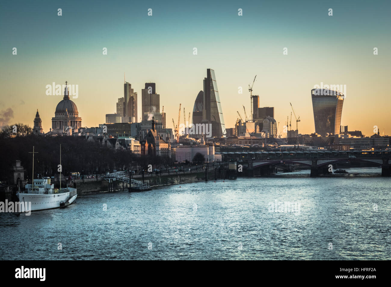 An early morning view of the London Skyline from Waterloo Bridge and the proposed site of the Garden Bridge Stock Photo