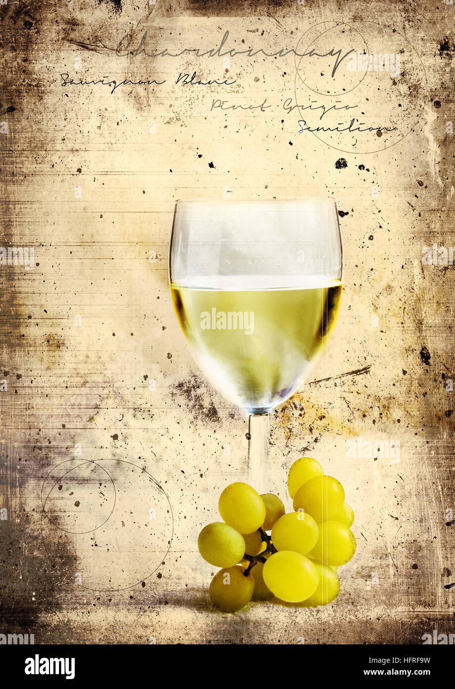 Grunge graffiti effect image of classic chilled French white wine ideal for your bistro or restaurant wall art or menu cover design art. Generous acco Stock Photo