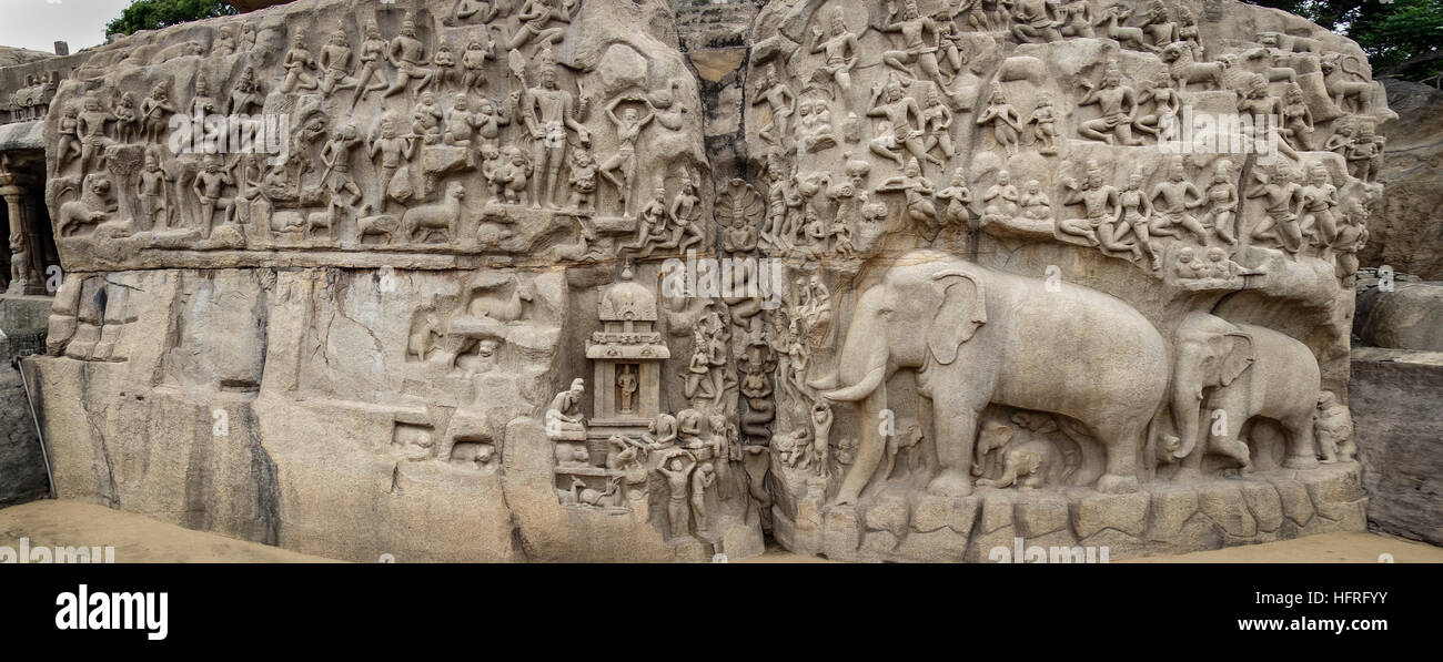 Descent of the Ganges carving at Mamallapuram, Tamil Nadu, India. Stock Photo