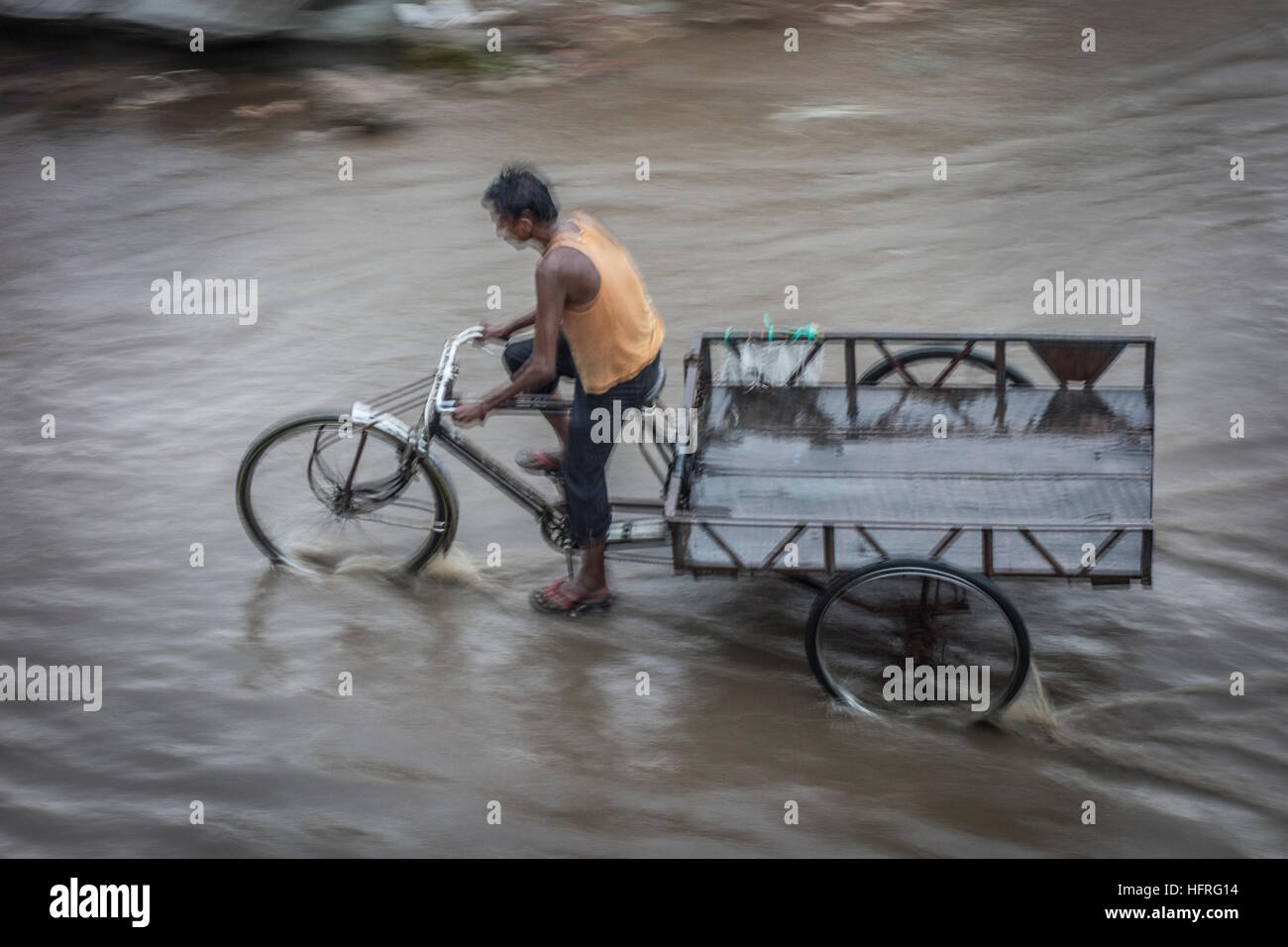 Cyclist fording flooded streets. Jaipur, India. Stock Photo