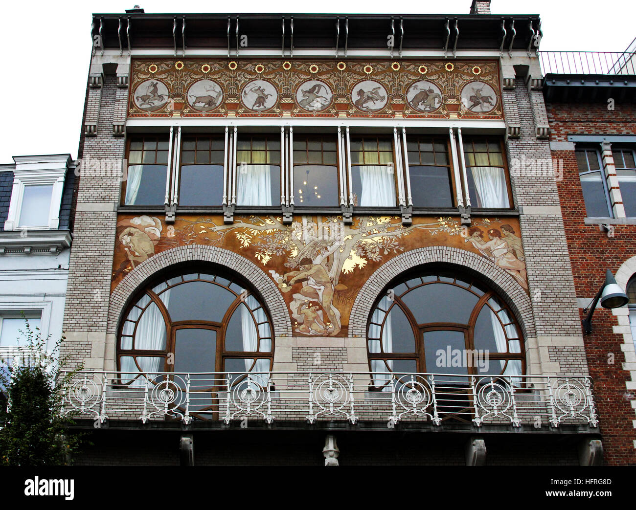 The Cimberlani House designed by Art Nouveau architect Paul Hankar, Brussels, Belgium. Sgraffito facade by Albert Ciamberlani, Stock Photo