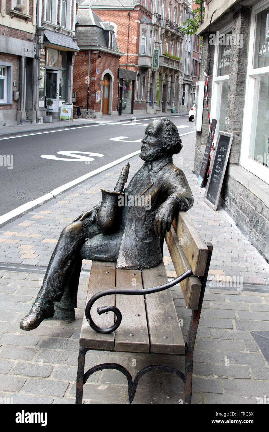 Sculpture of Adolphe Sax, inventor of the saxophone on a street in Dinant, Belgium, outside his museum in the town of his birth. Stock Photo