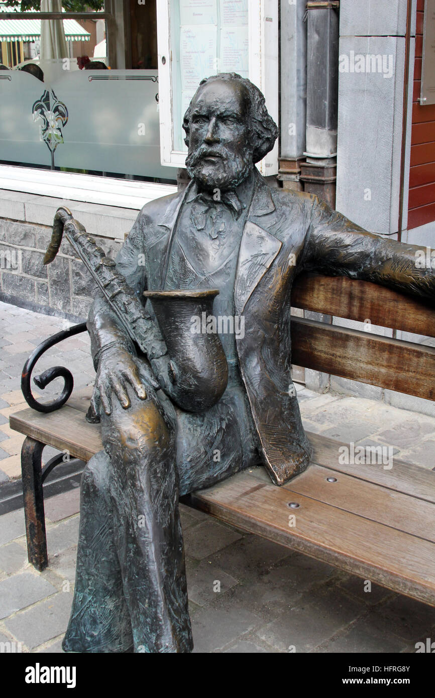 Sculpture of Adolphe Sax, inventor of the saxophone outside his museum in Dinant Belgium, town of his birth. Stock Photo
