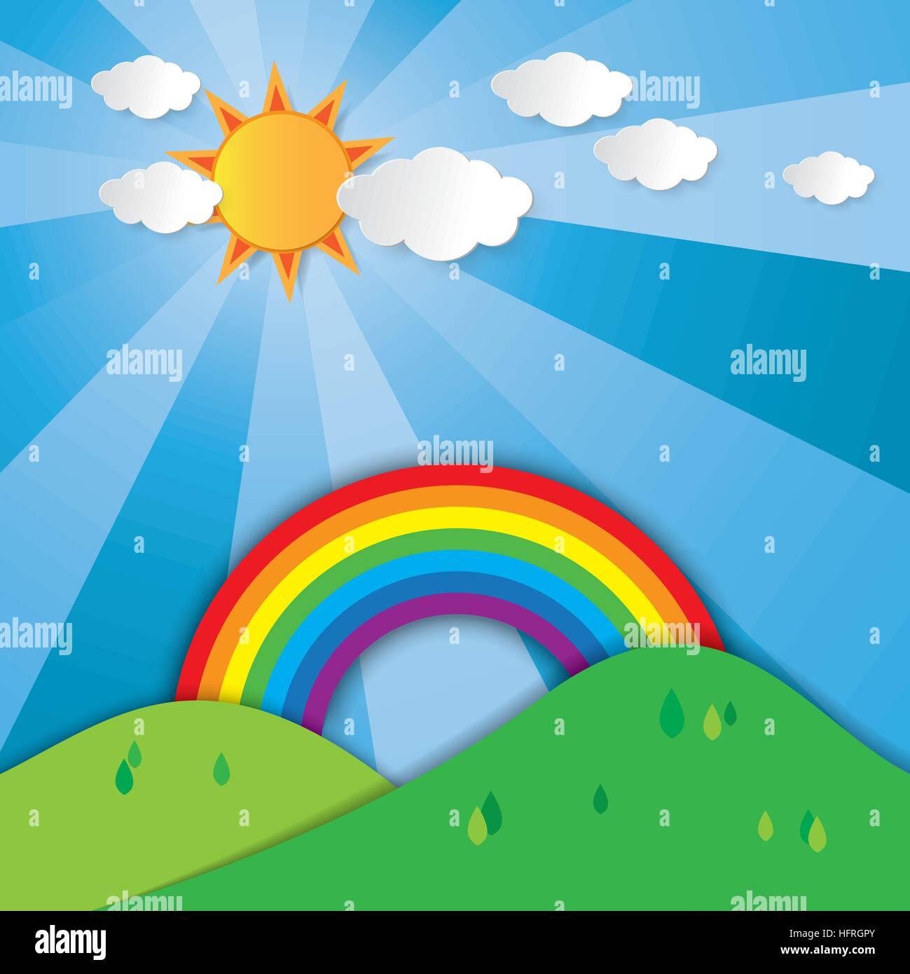 Landscape paper art style vector background showing mountain, tree, rainbow, sun, sky, cloud and sunlight. Stock Vector