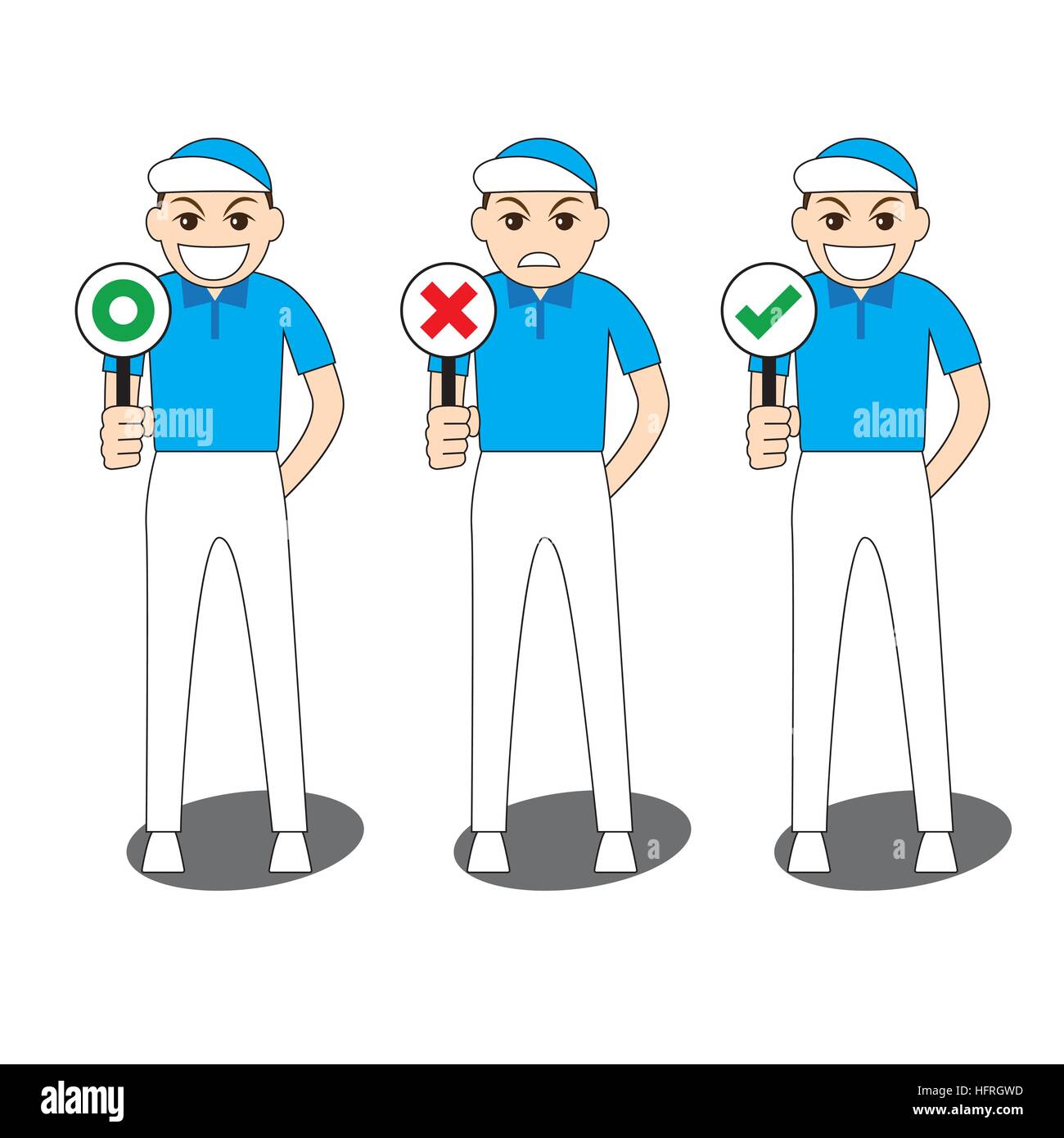 Collection of cartoon illustration man in blue shirt and white slack standing and smiling holding sign board for correct and incorrect, yes and no, tr Stock Vector