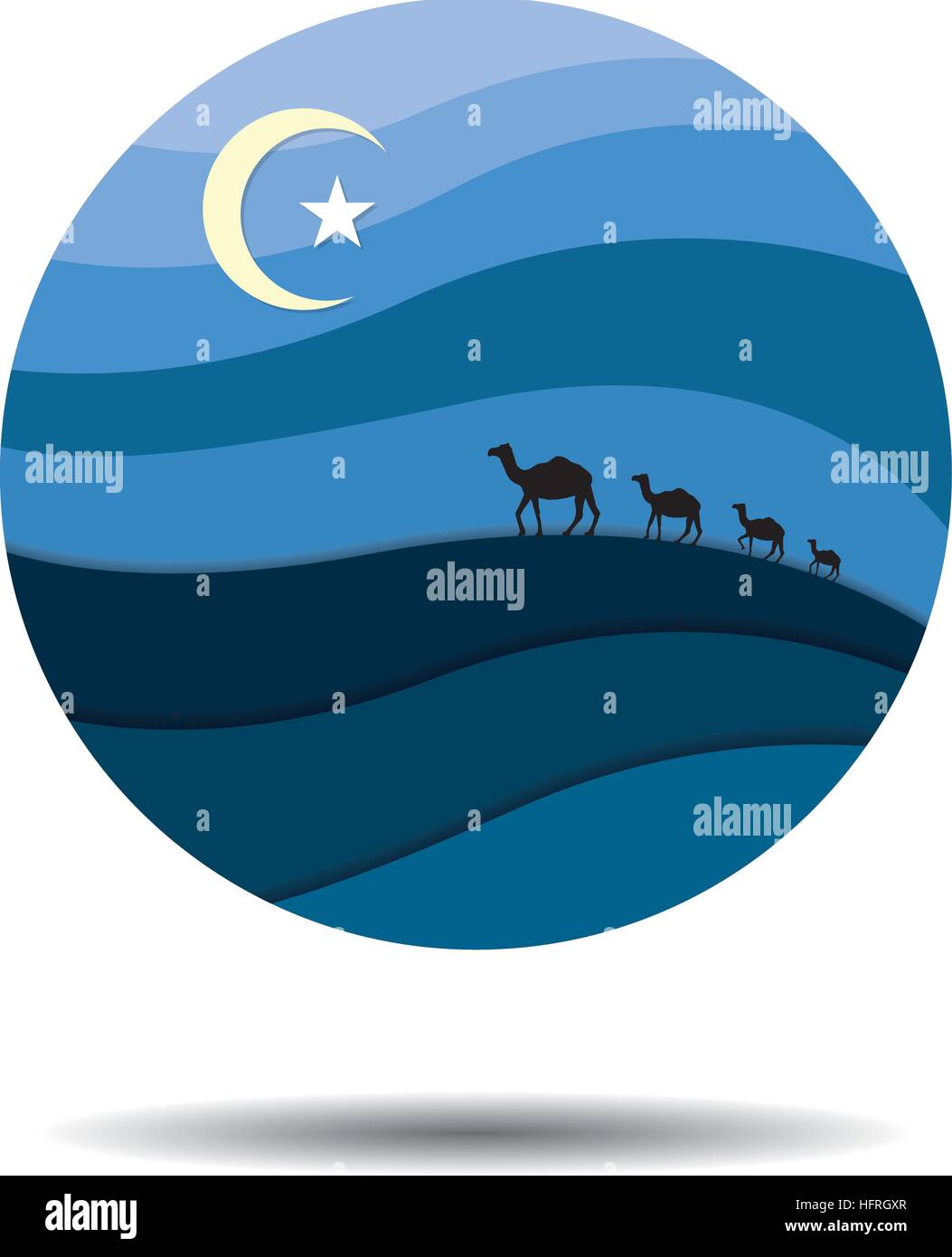 Isolated abstract desert and camels caravan at night under the moon and star logo in white background. Stock Vector