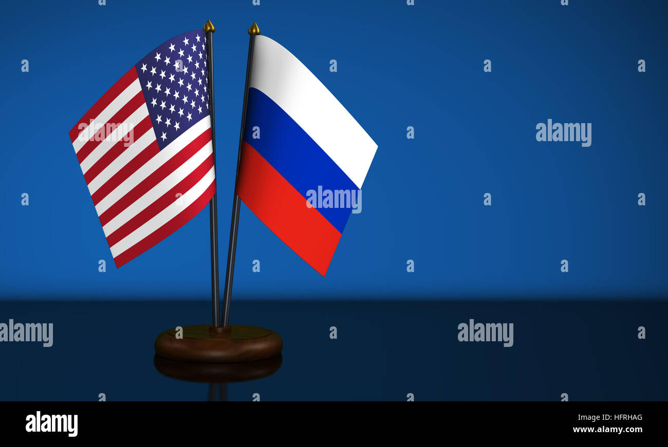 United States of America flag and Russian Federation desk flags. Stock Photo