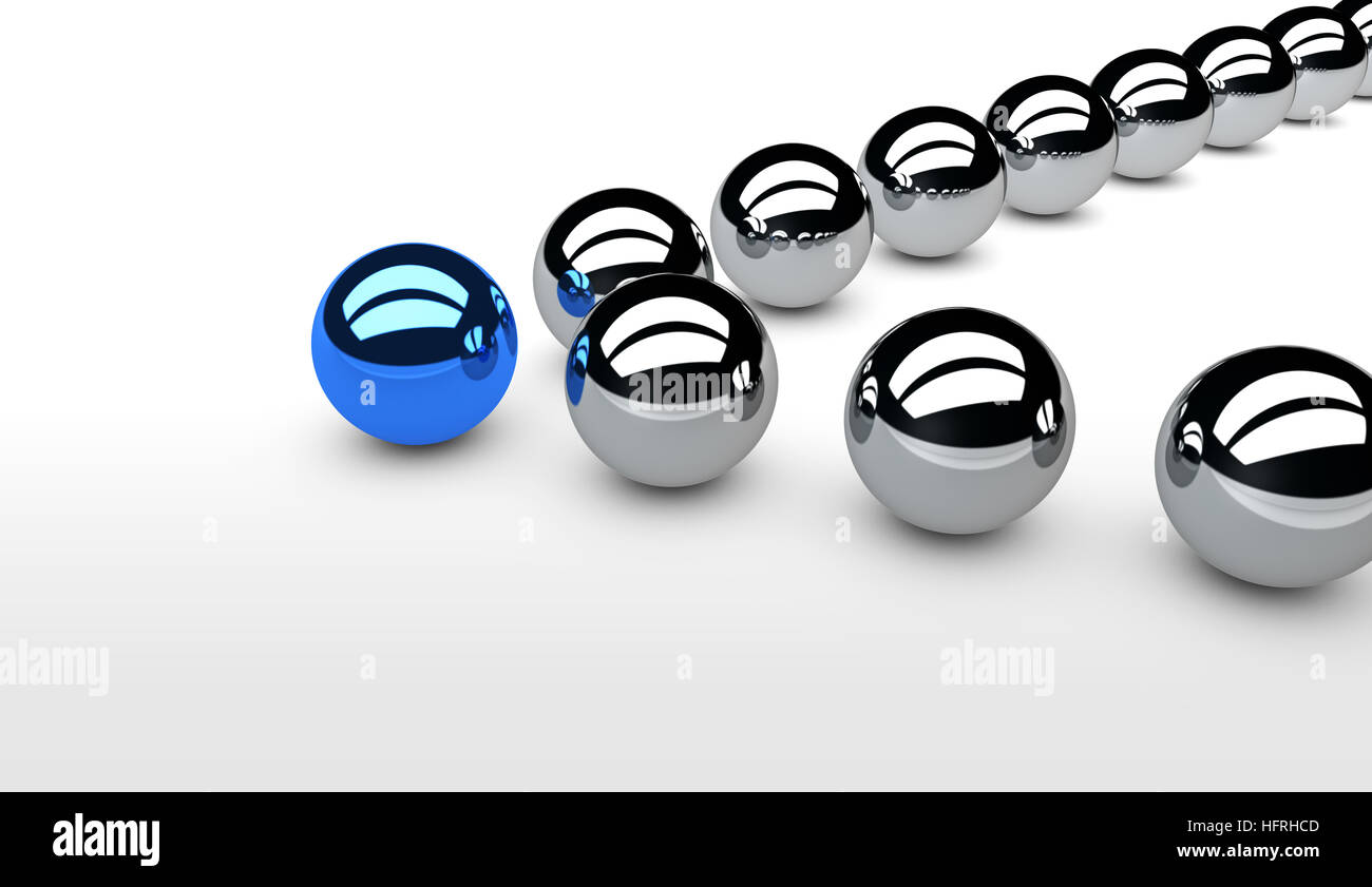 Business leadership concept with a blue leader sphere and silver followers. Stock Photo