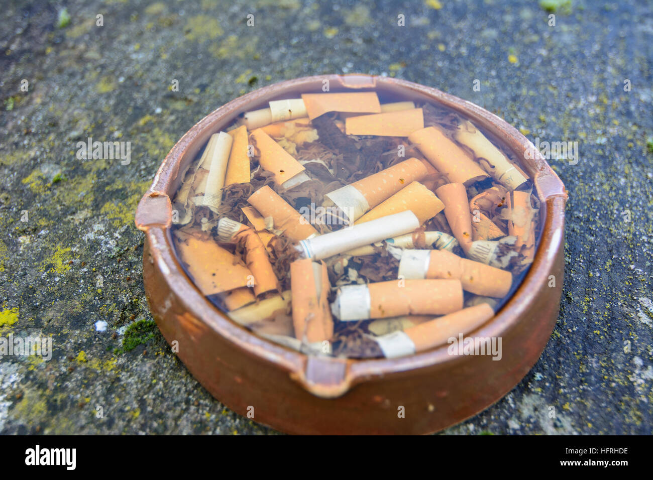 : Ashtrays, cigarette butts, flooded with rain water, , Germany Stock Photo