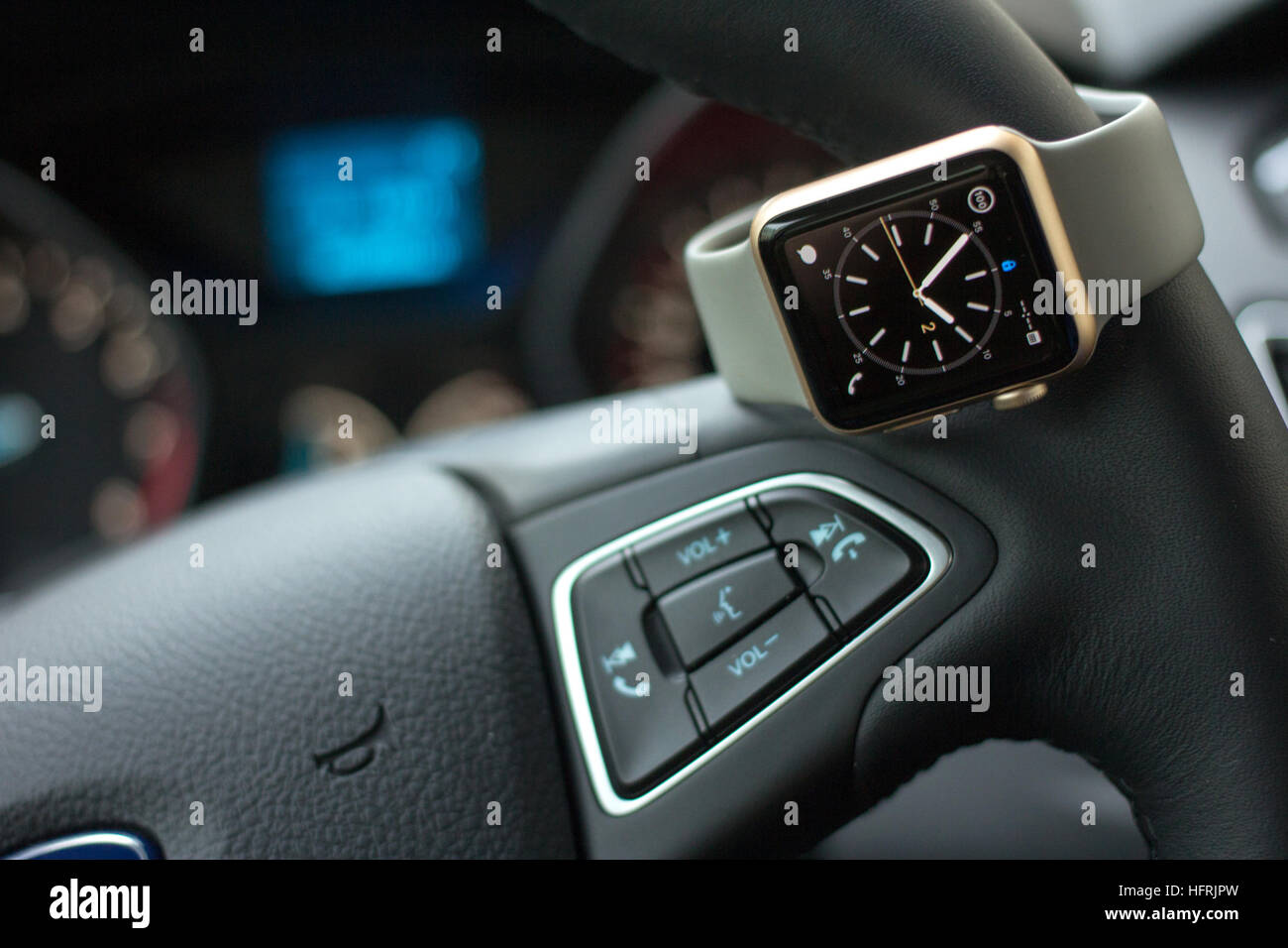 Modern car interior with smart watch in steering wheel Stock Photo - Alamy