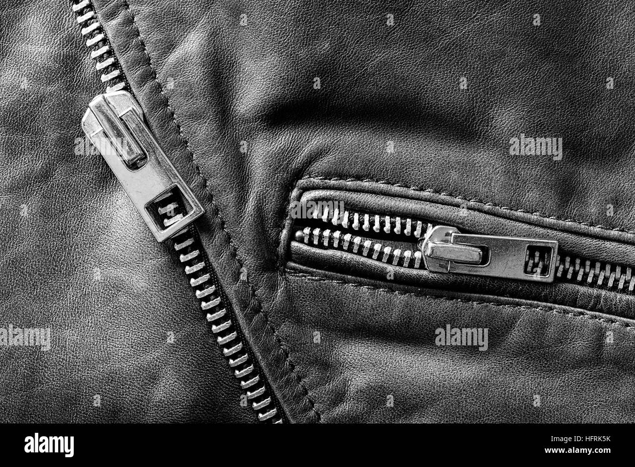 Metal Zipper on Leather Jacket Detail Close Up Stock Photo