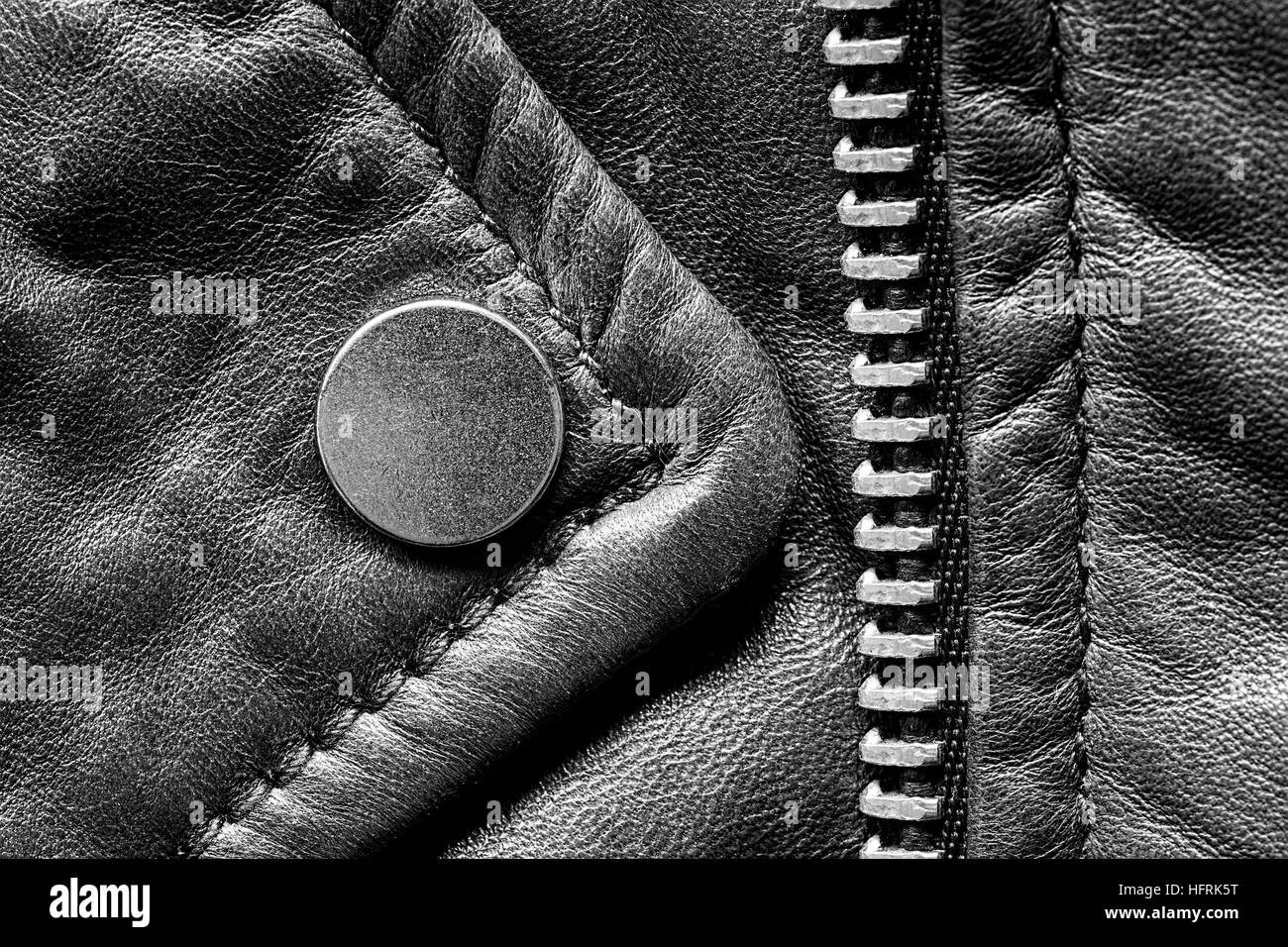 Metal Zipper on Leather Jacket Detail Close Up Stock Photo