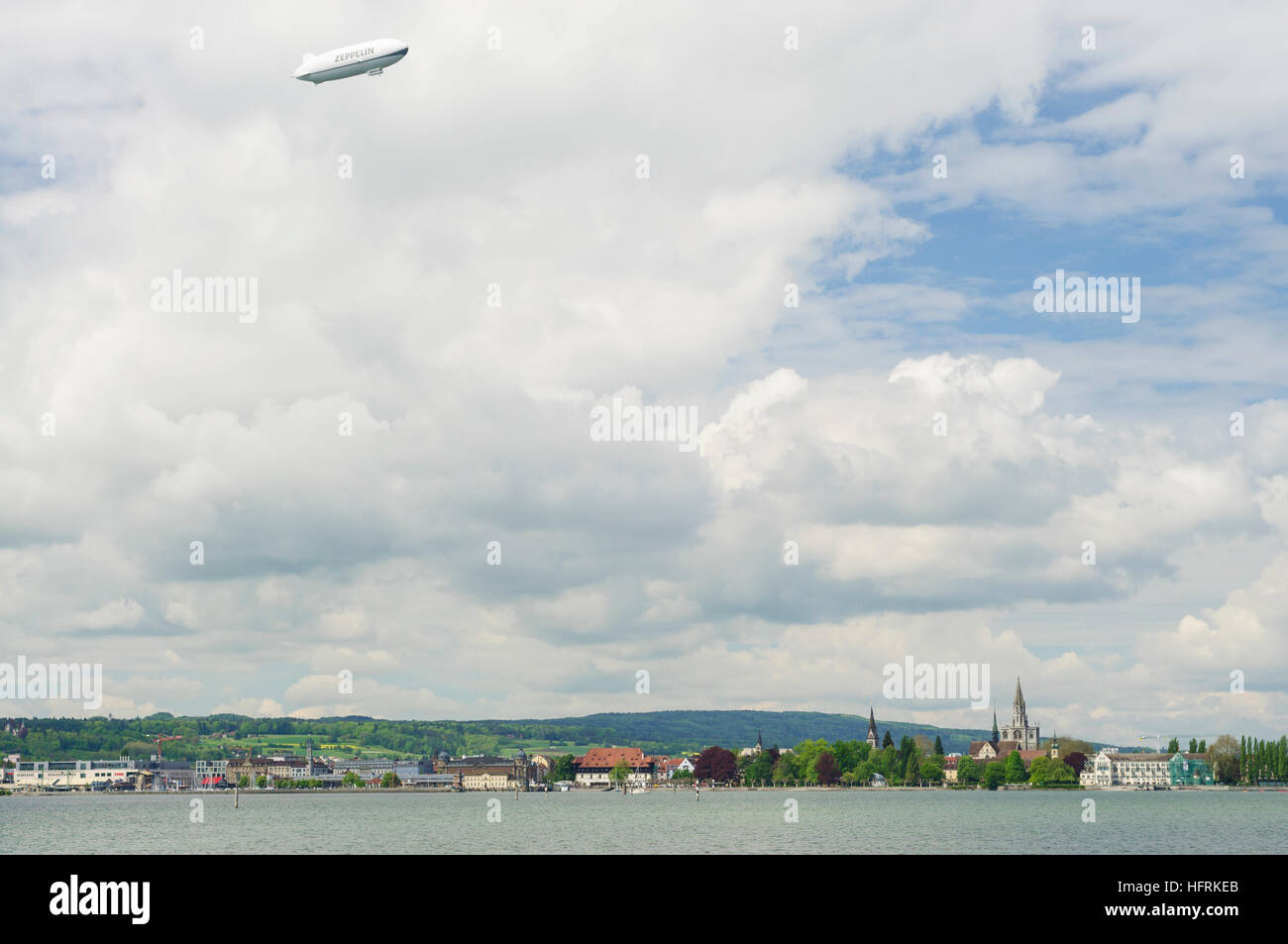 Konstanz, Constance: Lake Constance with a view of Constance with Zeppelin NT, minster Of Our Lady, Bodensee, Lake Constance, Baden-Württemberg, Germa Stock Photo