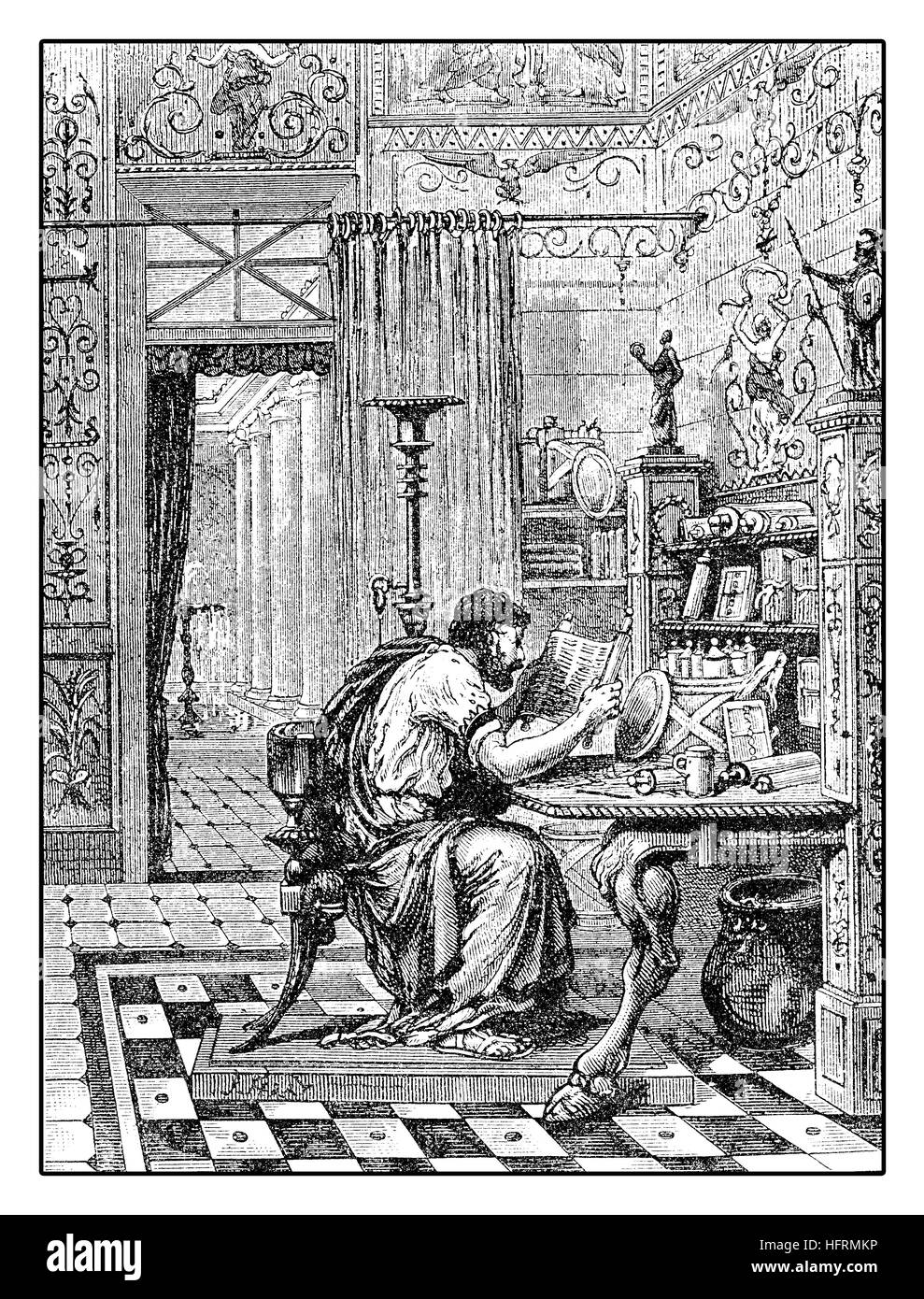 Engraving describing a rich private library in ancient Rome with parchment rolls and papyrus and man reading from a scroll Stock Photo