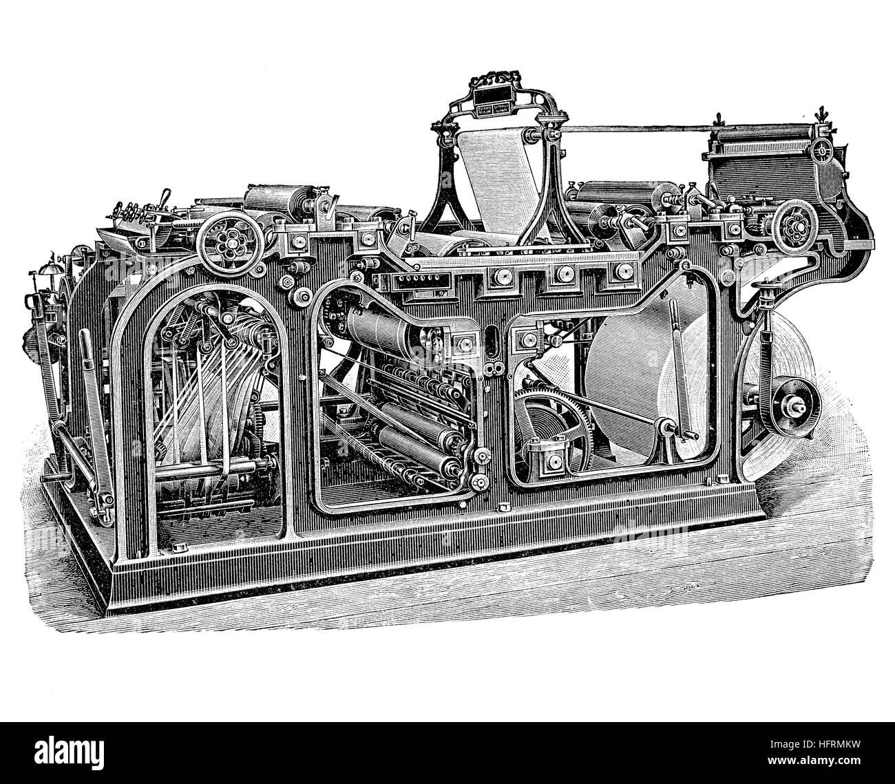 Rotary printing press for mass production of newspapers and magazines, XIX century engraving Stock Photo
