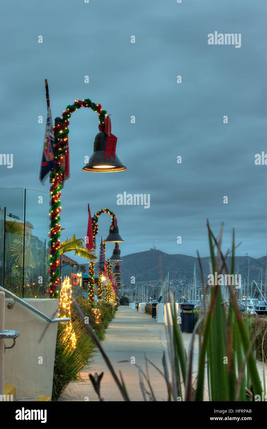 Candy cane shaped Christmas lamps along walkway Stock Photo Alamy