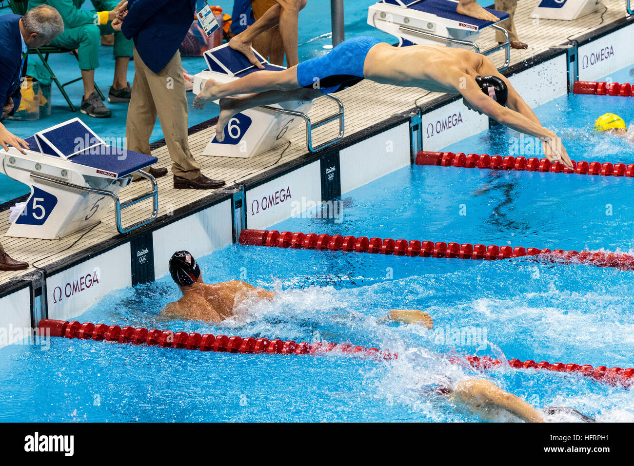 Rio de Janeiro, Brazil. 9 August 2016.   Francis Haas Team USA gold medal winners competing in the final of the Men's 4x200m freestyle relay at the 20 Stock Photo