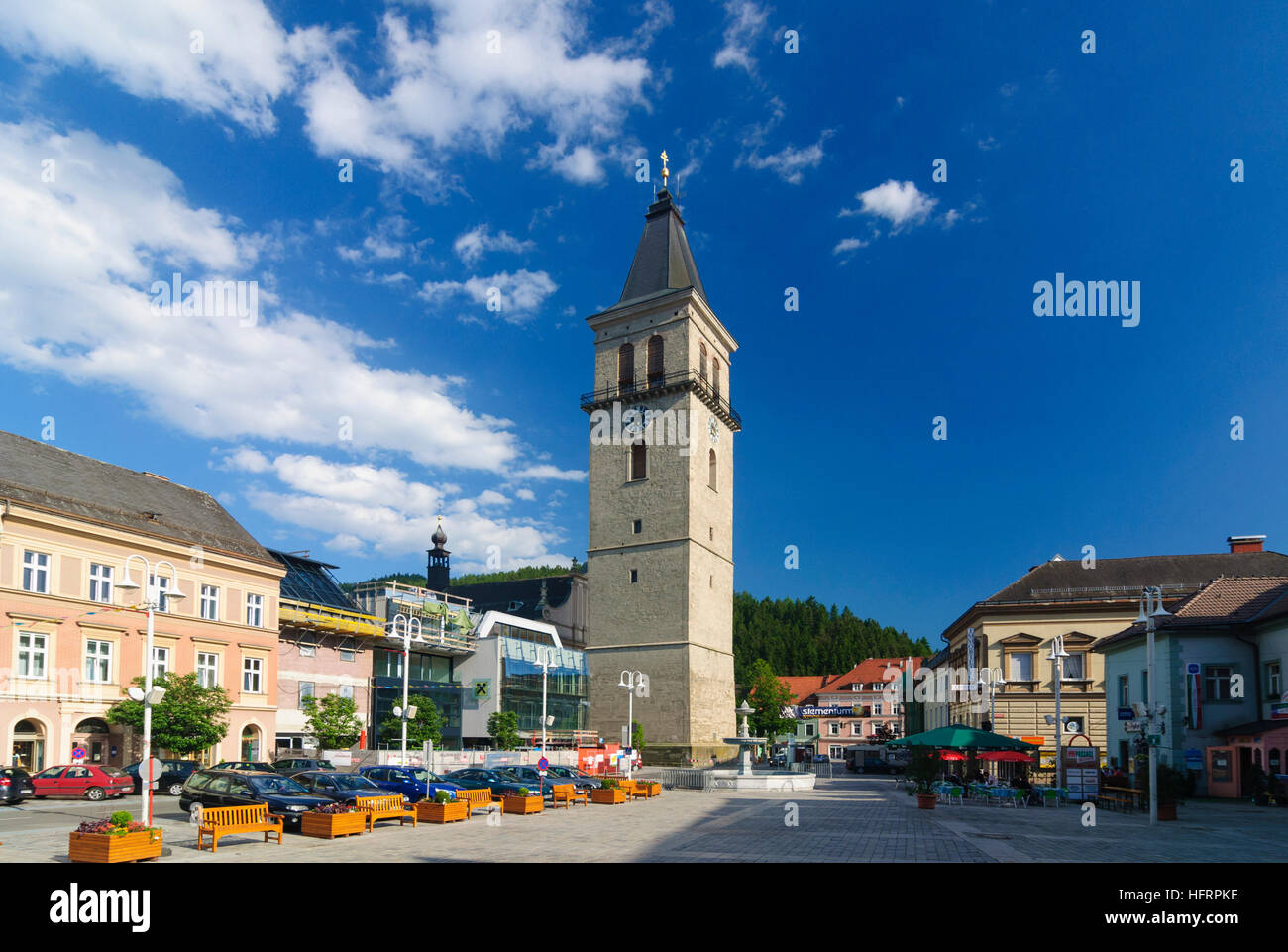 Judenburg: Hauptplatz (Main Square), City Tower, Murtal, Steiermark, Styria, Austria Stock Photo