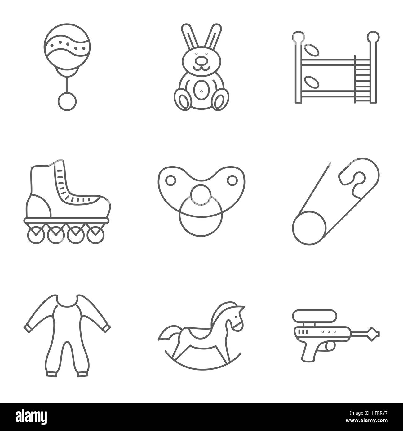 Baby thin line related vector icon set for web and mobile applications. Set includes - bunk bed, roller skate, pin, rocking horse, gun, rattle, rabbit Stock Vector