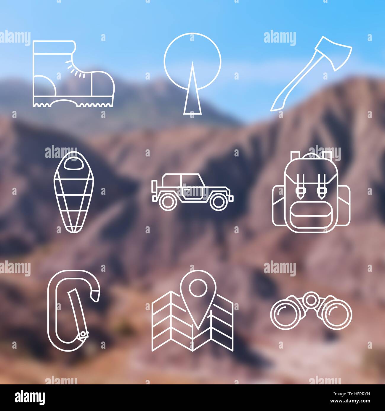 Set of Outline stroke Camping icons on blurred background. Vector ...