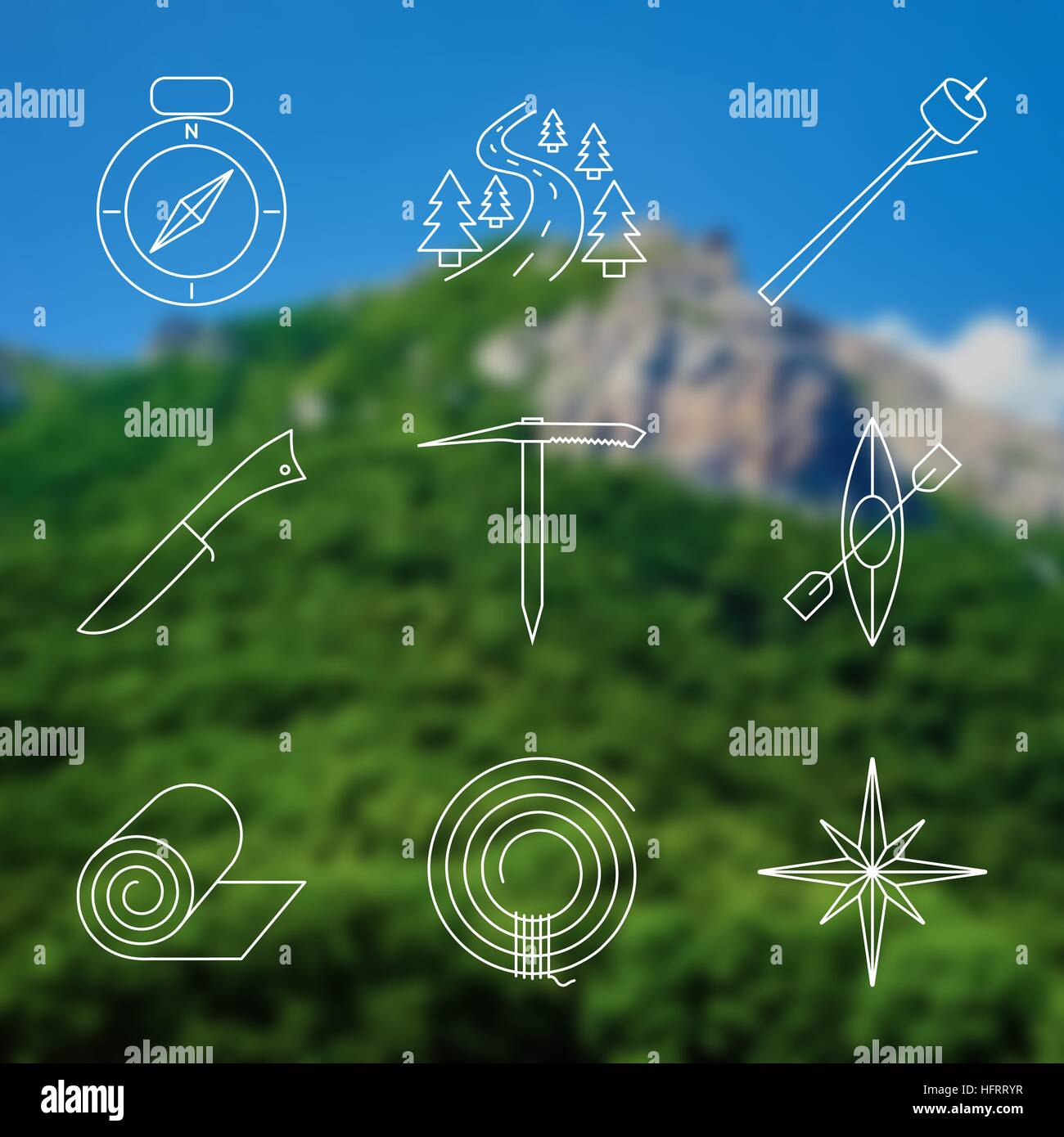 Set of Outline stroke Camping icons on blurred background. Vector ...