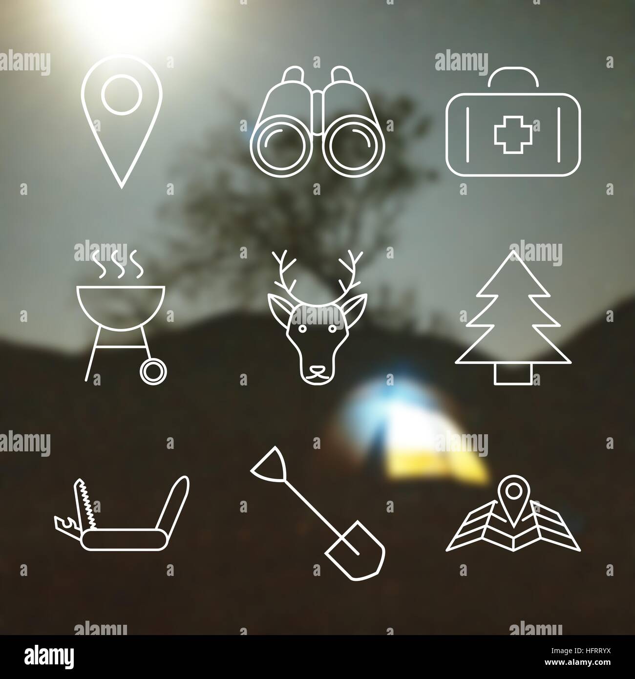 Set of Outline stroke Camping icons on blurred background. Vector ...