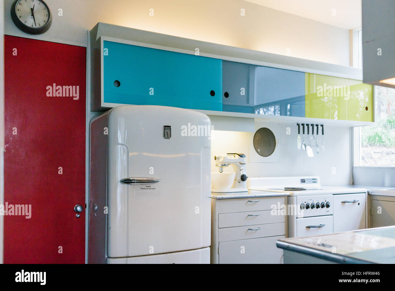 Interior shot of the colourful kitchen at Rose Seidler House, part of