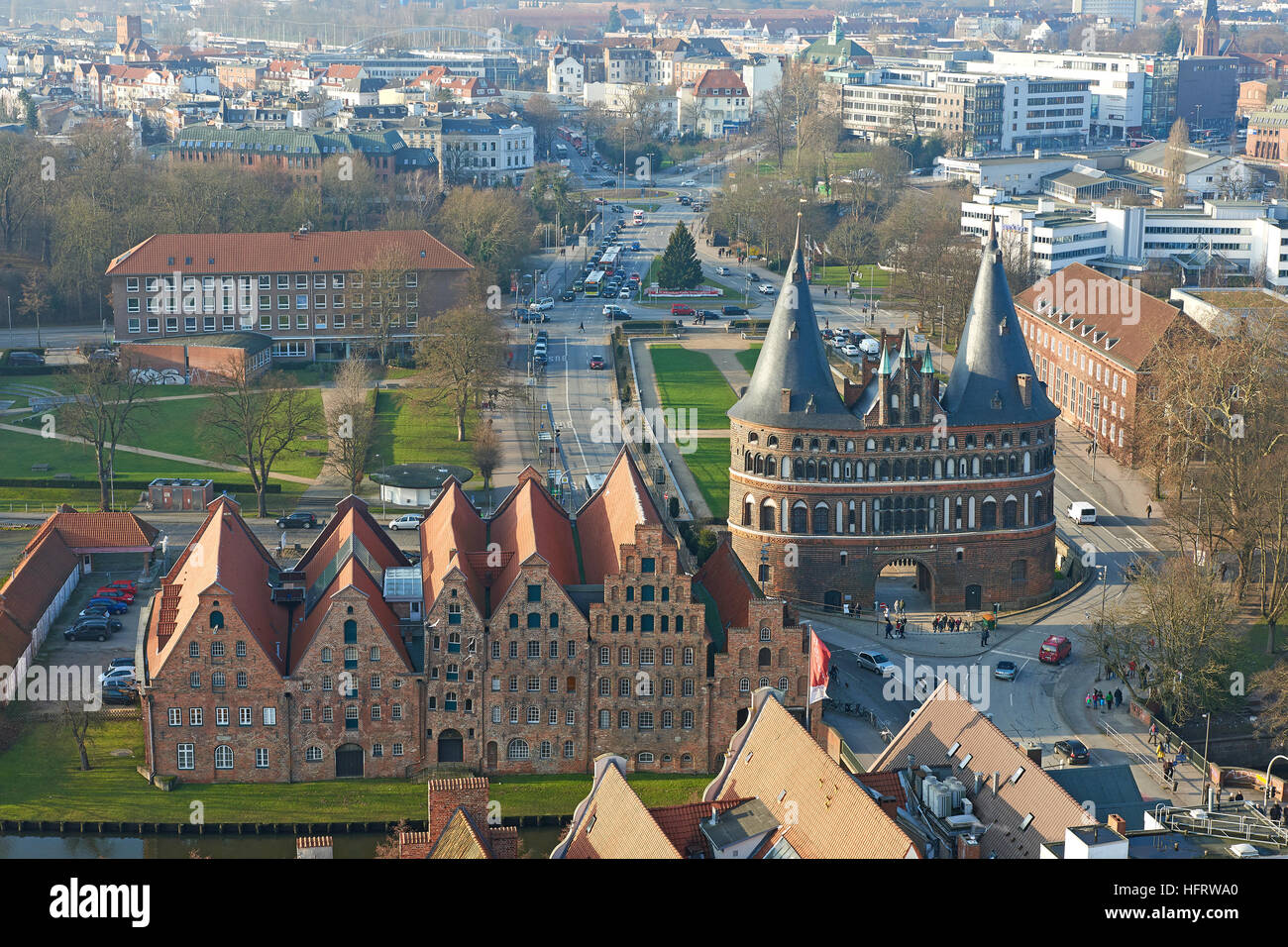 Aerial view of Lübeck in Germany with Holstentor and the Salzspeicher in the foreground Stock Photo