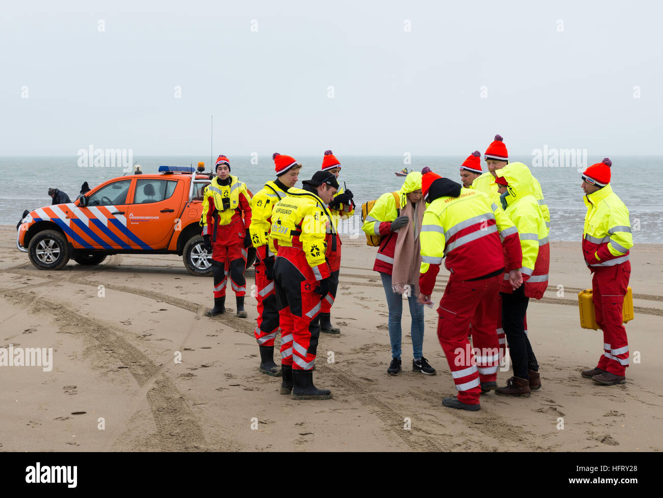 ROCKANJE,NETHERLANDS - JANUARI 1: lifeguard standby for the traditional new years dive on Januari 01, 2017. New years dive is a traditon  to strat the Stock Photo