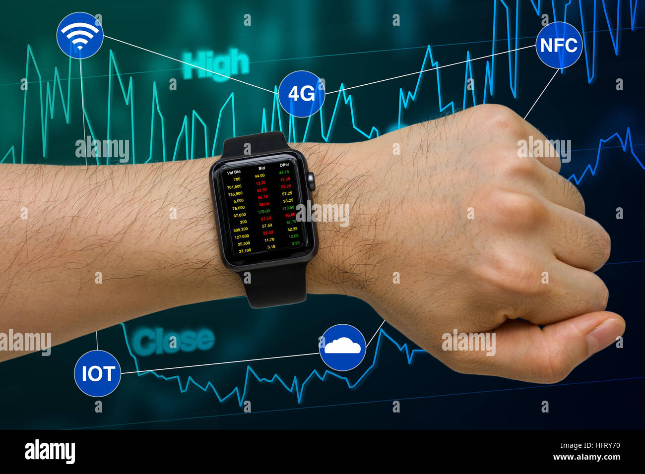 Investment business concept illustrated by smartwatch showing stock price via internet. Stock Photo