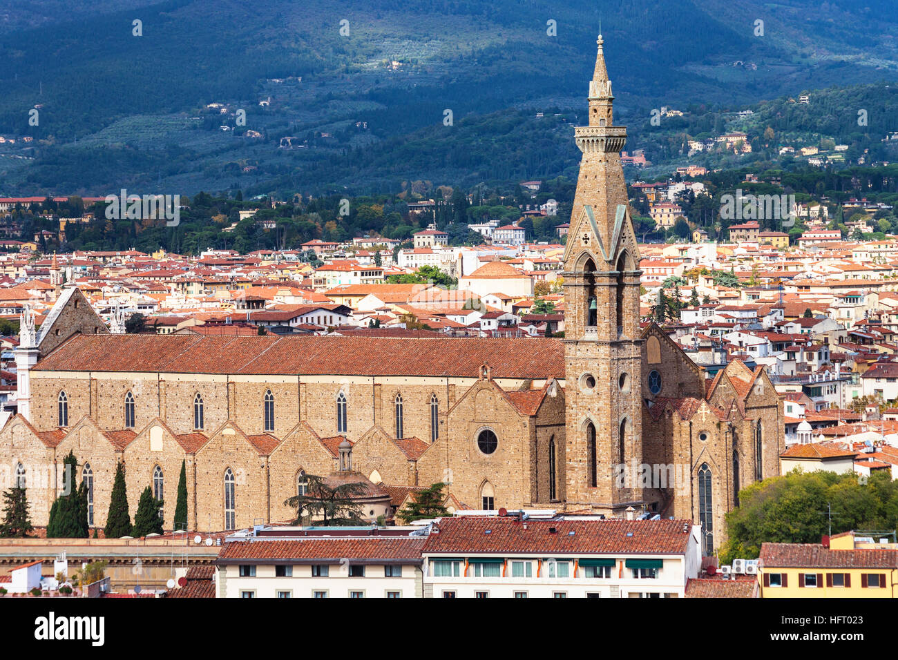 travel to Italy - above view of Basilica Santa Croce in Florence city from Piazzale Michelangelo Stock Photo