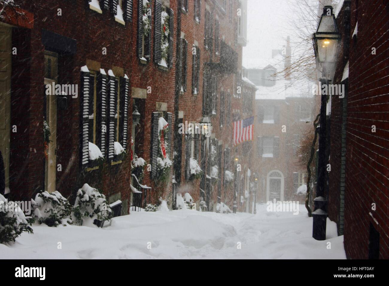 Winter snow storm on Acorn Street in Boston Stock Photo