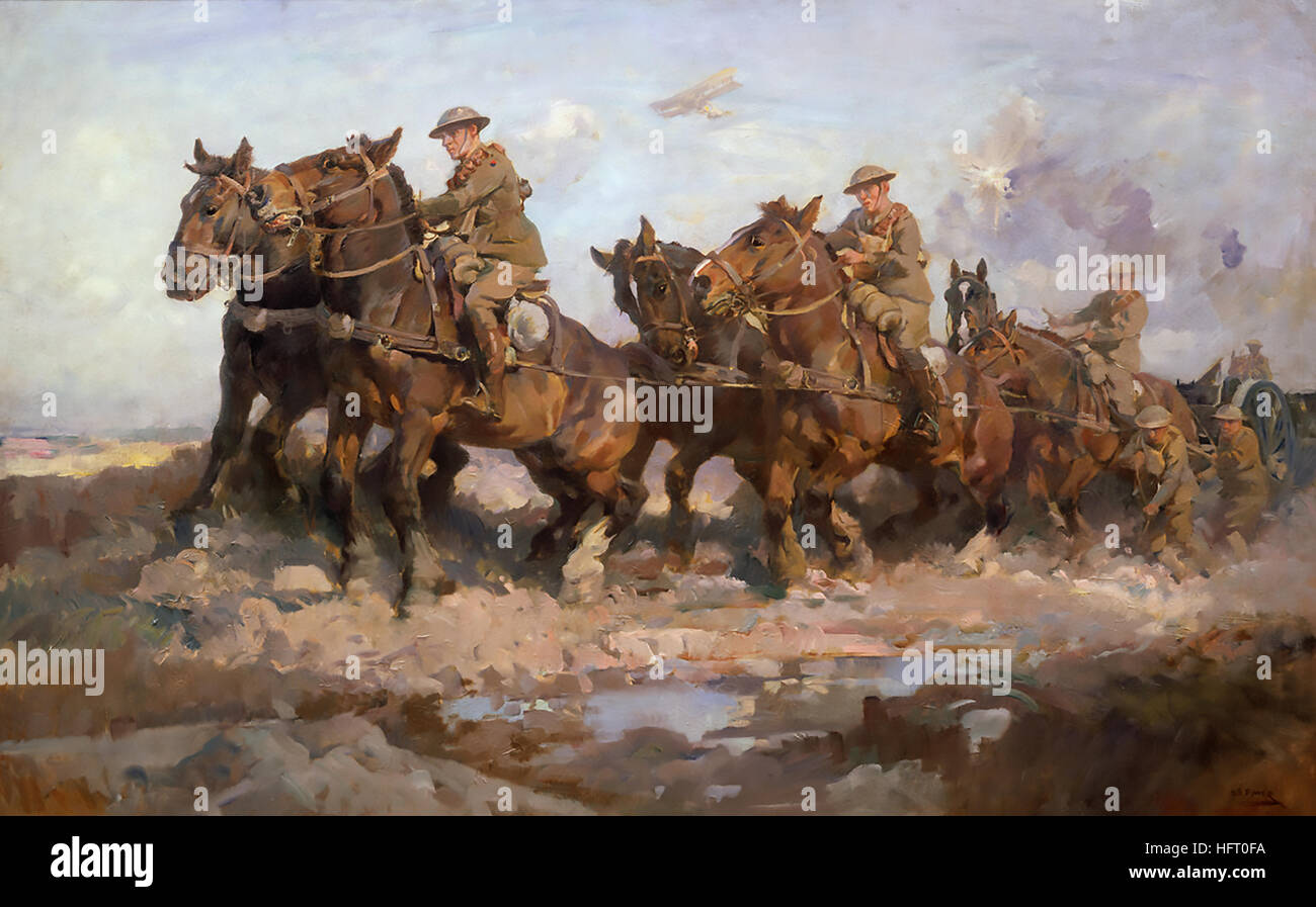 'BRINGING UP THE GUNS'  1921 painting by war artist Septimus Power. It shows the 1st Australian Imperial Force, 101st Australian Battery at the Third Battle of Ypres in Passchendaele, Belgium, in October 1917, bringing up an 18 pound gun. Stock Photo
