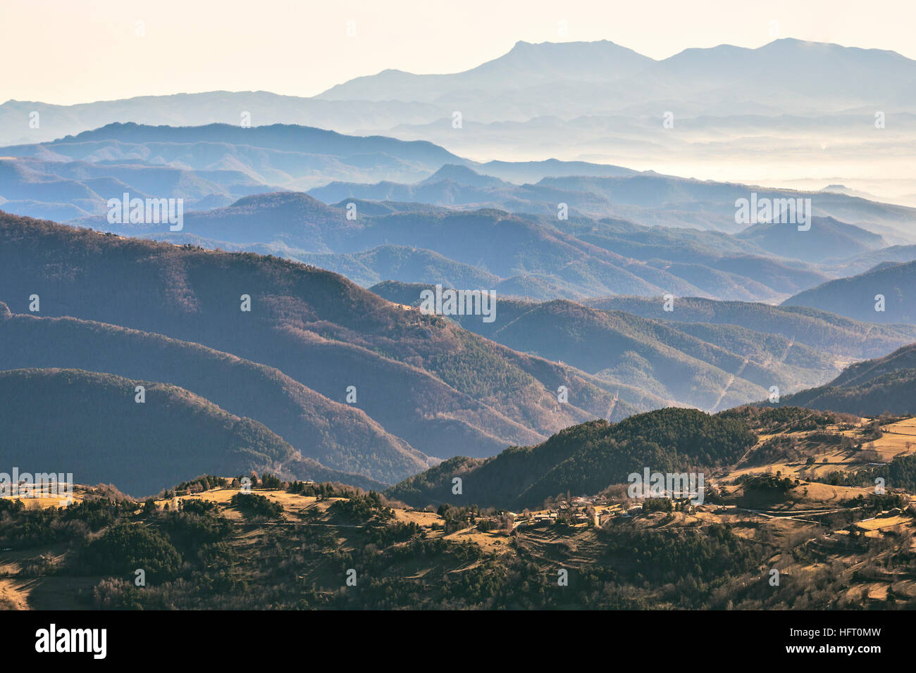 Misty mountains in the fog view from Pyrennes down to Montseny, Catalonia Stock Photo