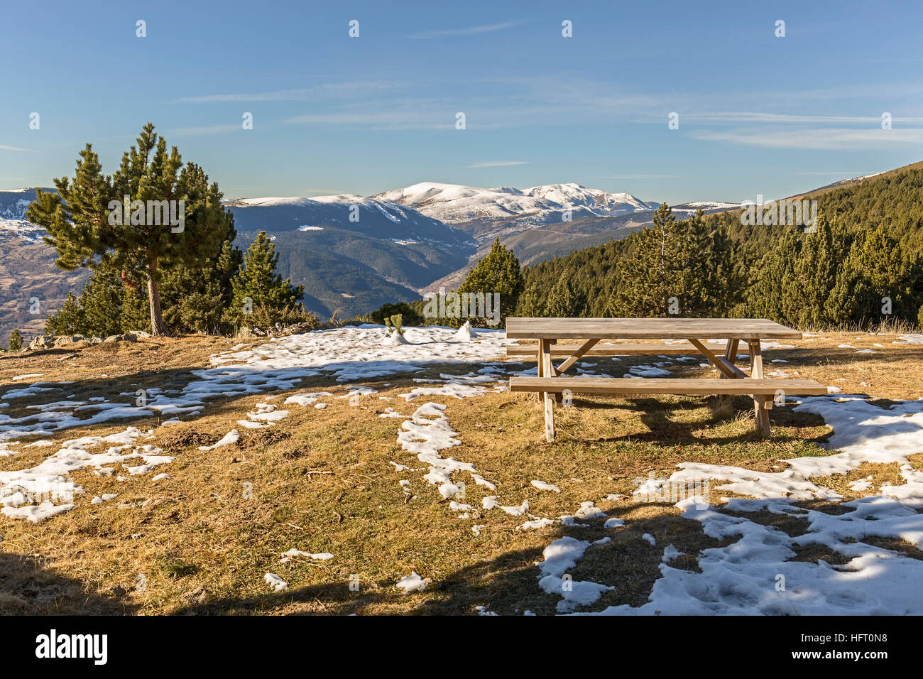 Picnic area in the catalan Pyrenees with Tossa d'Alp in the background Stock Photo