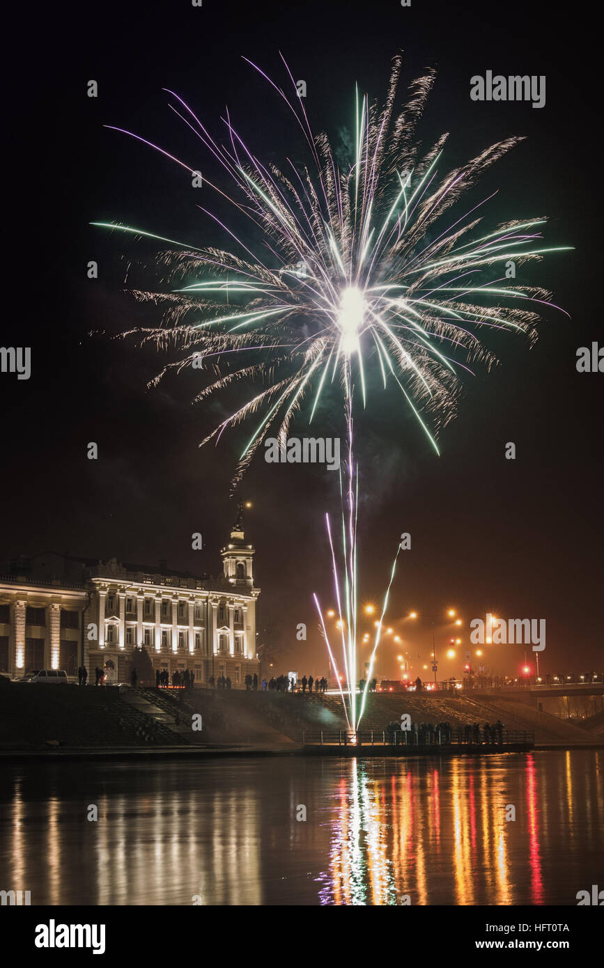 Fireworks and New Year celebration at riverside Stock Photo