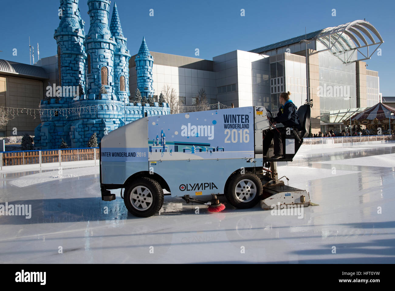 Ice resurfacing machine working on a temporary ice rink at The Mall