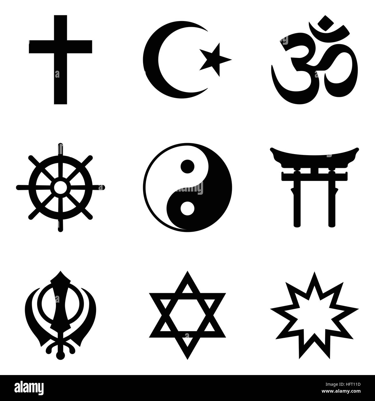 Symbols of World religions. Nine signs of major religious groups and principle religions. Stock Photo