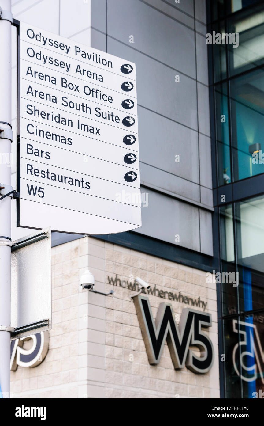 Signs at the Odyssey Arena (now SSE Arena) Belfast for the Pavilion, Box Office, Suites, Sheridan Imax, cinemas, bars, restaurants and W5 Stock Photo