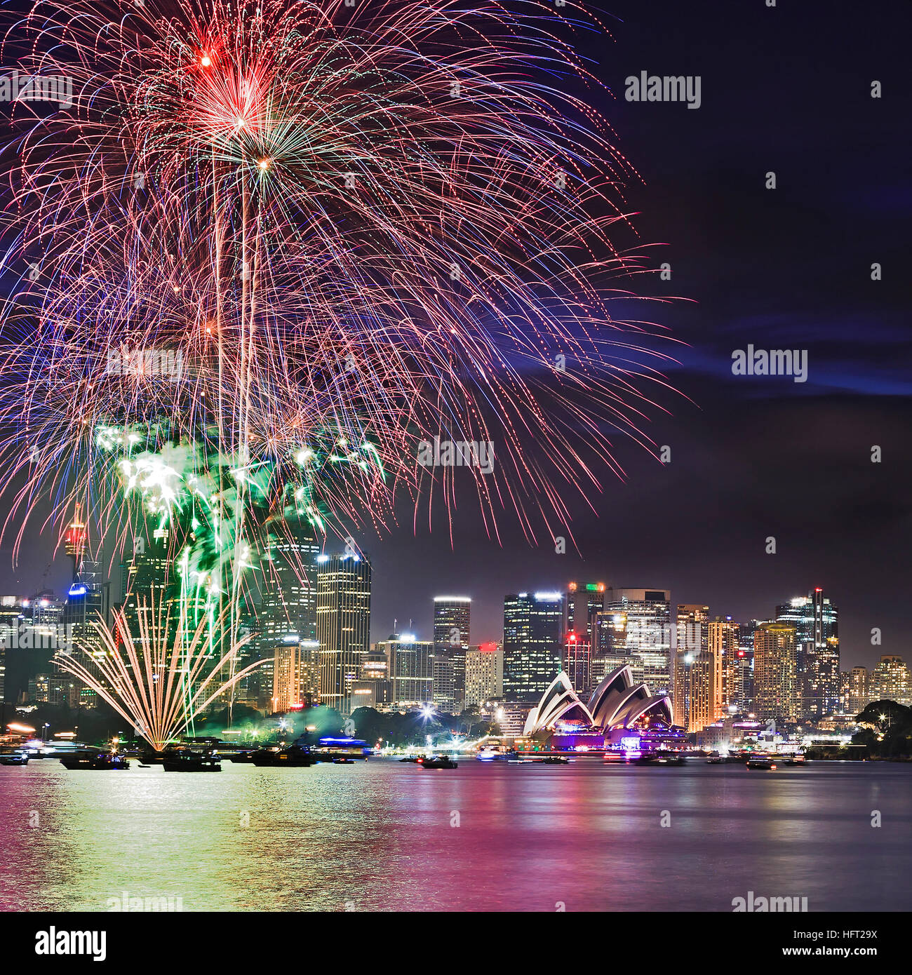 Close up view of Sydney New Year Eve Fireworks across Harbour above
