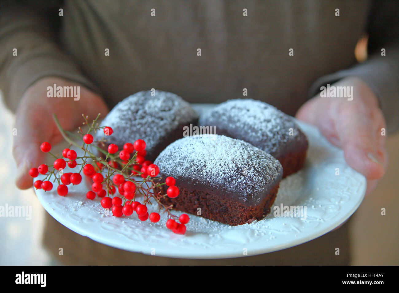 A man holds a decorative plate of miniature chocolate cakes with powdered sugar and red berries Stock Photo