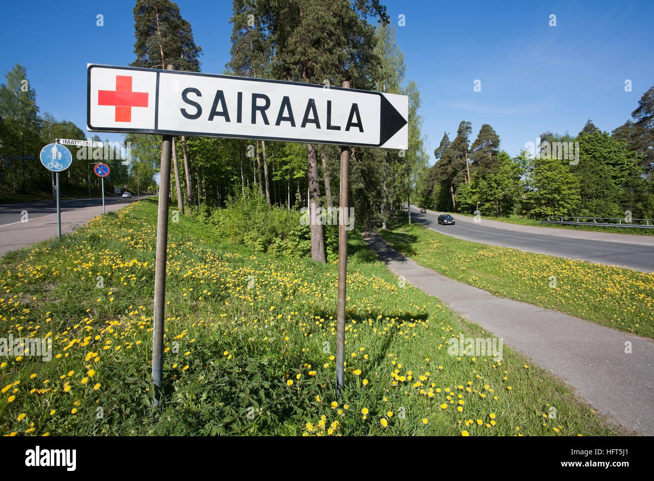 hospital red cross traffic sign, Finland Stock Photo